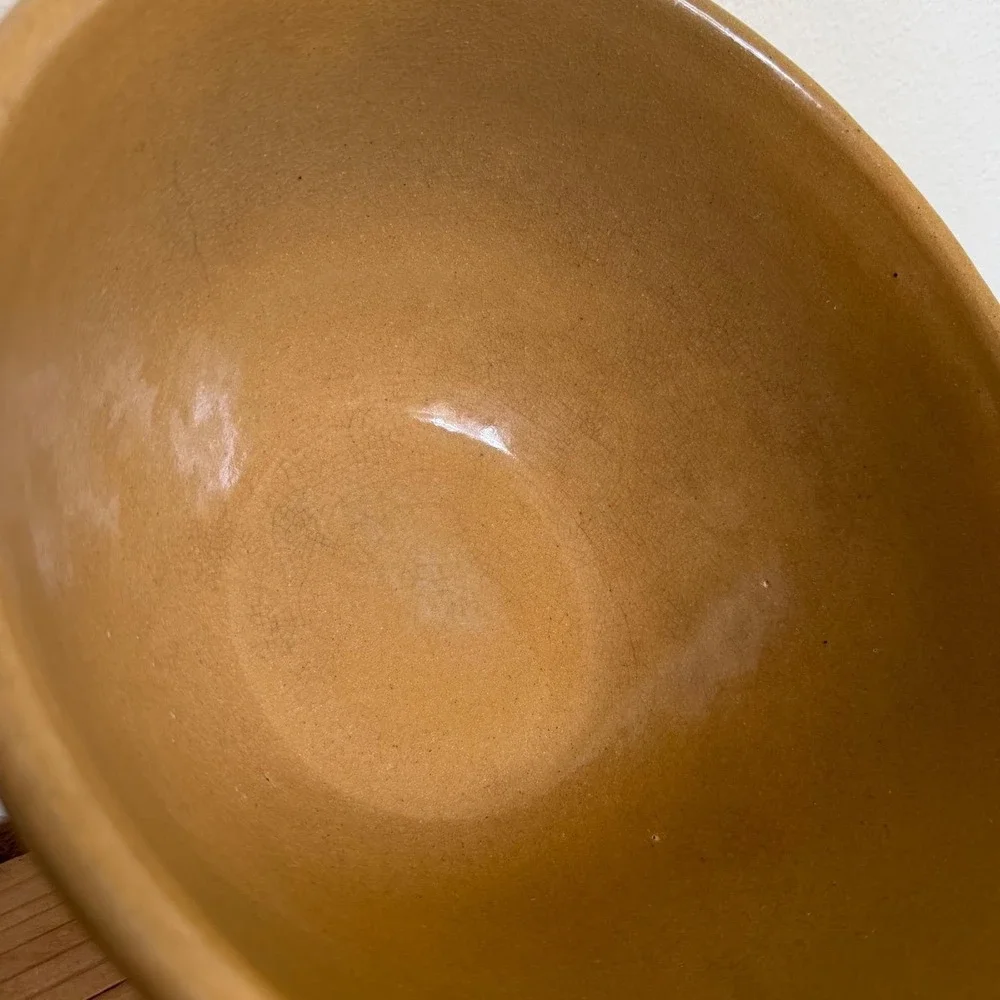 Antique Yellow Pottery Bread‎ Bowl Crackle Glaze Stoneware Handmade
